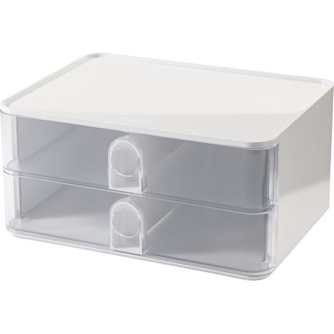Boîte à tiroirs avec 2 tiroirs et cloison de séparation Empilable pour bureau, cuisine, pieds en caoutchouc protégeant les meubles, blanc neige/transparent (1/5)