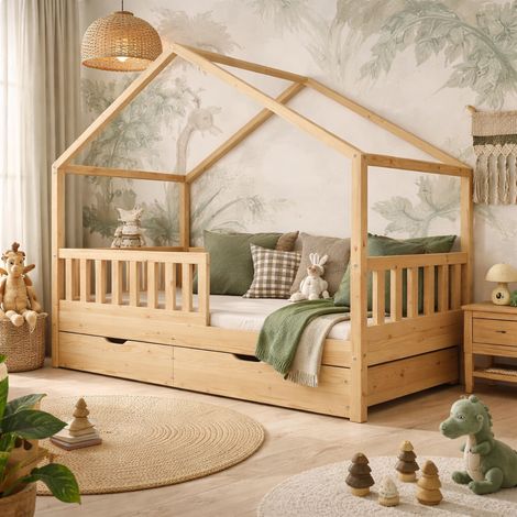 Lit cabane pour Enfant en Bois Naturel 90x190 cm avec 2 tiroirs (1/5)