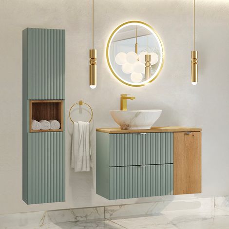 Ensemble meuble simple vasque 90cm et colonne Jade Vert et Bois (1/5)