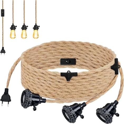 Douille de lampe E27 avec câble de lampe vintage, douille E27 avec câble de lampe de 6,8 m, corde de chanvre torsadée avec lampe suspendue, 3 ampoules, douille de lampe avec interrupteur pour (1/5)
