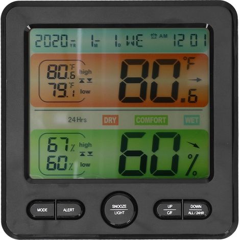Thermomètre Hygromètre Intérieur Numérique avec Horloge et Grand Écran TS‑6211 Noir (1/5)