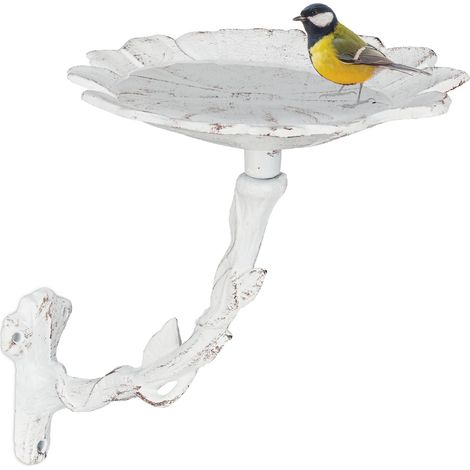 Relaxdays Bird Bath, Water Bowl, Wall Mountable, Frost-Proof, H x W x D: 20 x 17 x 21 cm, Cast-Iron, White