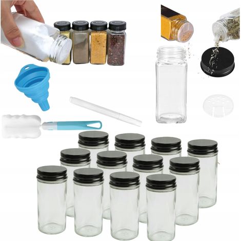 Set di 24 barattoli di vetro per spezie da 120 ml con adesivi, imbuto e pennarello, colore nero.