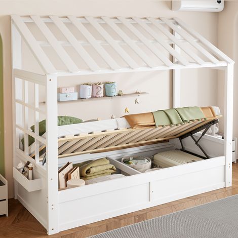 Lit cabane enfant 90x200 cm style cottage avec grand coffre hydraulique sous sommier, toit, fenêtre et rangements latéraux intégrés, Blanc (1/5)