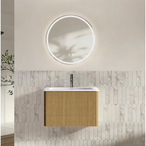 Conjunto de baño suspendido 61 cm con lavabo integrado y espejo LED redondo 60 cm OKWISH (1/5)