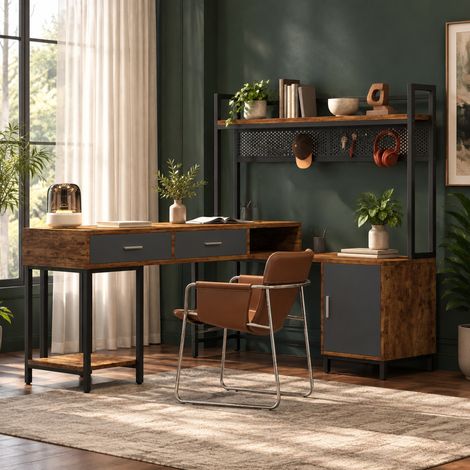 L-förmiger Schreibtisch 140 x 140 x 135 cm mit Schubladen, MDF+Metall OKMYHOME (1/5)