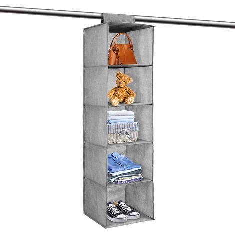 YORKING Hanging Wardrobe Storage Organiser 5 Tier Hanging Shelves 27cm x 27cm x 100cm Cupboard Wardrobe Closet Storage Shelves Drawer Shelves Bedroom Storage Solutions for Shoes Clothes (Gray) (1/5)