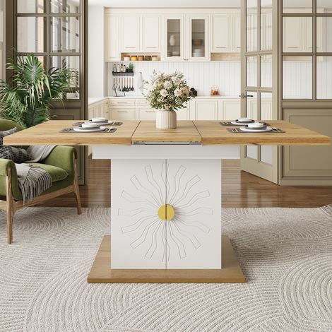Table à manger rectangulaire extensible 110-140 x 70 cm avec rangement intégré, plateau MDF effet bois, relief soleil et poignées dorées (1/5)
