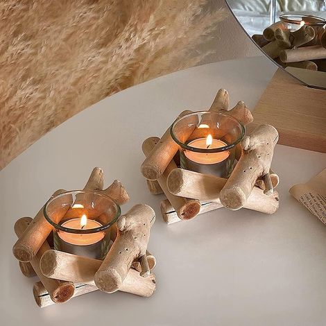 2 bougeoirs en bois flotté avec tasses en verre, bougeoirs de style campagnard pour bougies chauffe-plat, adaptés à la décoration intérieure, aux fêtes, aux bars et aux mariages