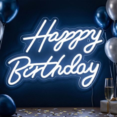 Relaxdays LED Schild, Happy Birthday, leuchtende Geburtstagsdeko, H x B: 28 x 40 cm, zum Aufhängen, USB-Kabel, kaltweiß