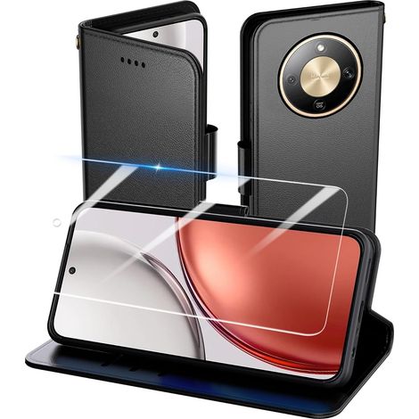 Coque pour Honor Magic 8 Lite, Flip Case+1 Verre trempé Etui Protection Housse Premium en Cuir PU, [Pochette de Portefeuille] [Fermeture Magnétique] [Etui à Rabat]- Noir (1/5)