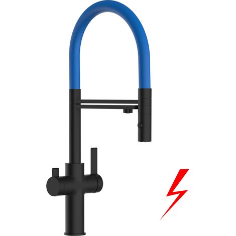 NIEDERDRUCK 3 Wege Wasserhahn Küchenarmatur Spültischmischer, Schwarz Matt mit 360° schwenkbarem Auslauf, abnehmbare 2 strahl Handbrause, Flex-Schlauch oben in Blau - VZFC Linie (1/5)
