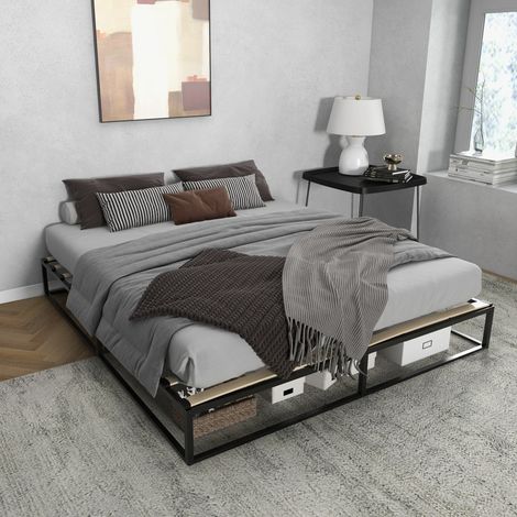 180 cm Bettgestell aus Stahl mit Lattenrost aus Sperrholz, 180 x 200 x 25 cm, Schwarz