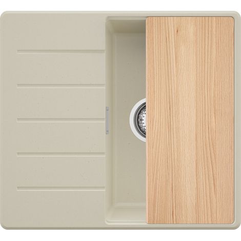 PRIMAGRAN Evier Cuisine en Granit 55x50cm,Lavabo 1 bac + Kit de Vidage + Planche à Découper, Évier à Encastrer au meuble 40cm - Copenhague, Beige (1/5)
