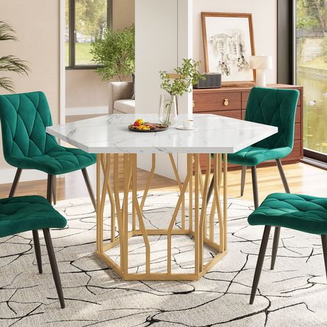 Table à manger moderne en marbre hexagonal, pied en métal doré, table basse esthétique minimaliste pour salon et salle à manger (1/5)