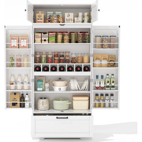 Buffet haut de cuisine Blanc,meuble de rangement moderne,avec 1 tiroir,étagères réglables,80x40x180cm,MDF (1/5)