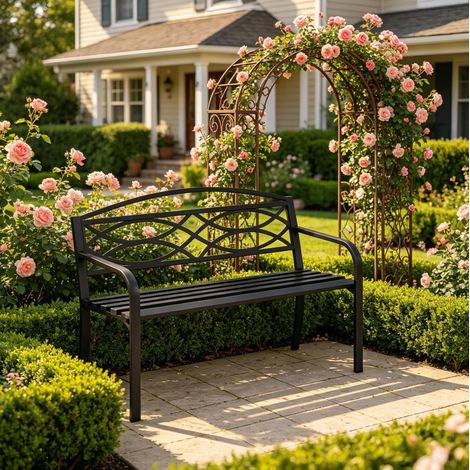 banc de jardin siège extérieur avec dossier métal noir HAVRYA (1/5)