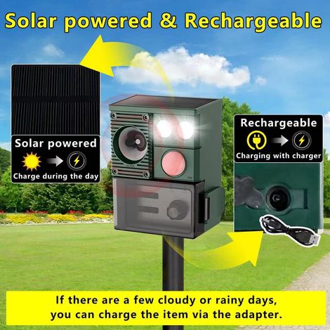 Répulsif à rongeurs d'extérieur à énergie solaire - Modes réglables : son, lumière et ultrasons - Alarme pour la faune sauvage (1/5)