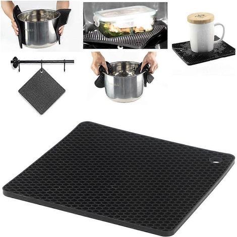 Tapis de table carré en silicone résistant à la chaleur, antidérapant, lavable, adiabatique et inaltérable, noir, pour la cuisson et la cuisine (1 pièce). (1/5)
