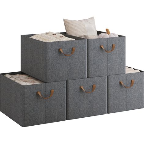 WOLTU Set of 5 Foldable Storage Boxes, Fabric Containers with Handles, 47x35x30 cm, Grey+Brown