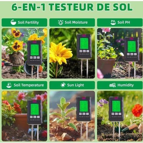 Pflanzenfeuchtigkeitsmesser, 6-in-1 Pflanzenhygrometer mit Bodenfruchtbarkeits-/Luftfeuchtigkeits-/pH-Wert-/Temperatur-/Sonnenlicht-/Umgebungsfeuchtigkeitsmessung, Bodenfeuchtigkeitsmesser für Gartenb (1/3)