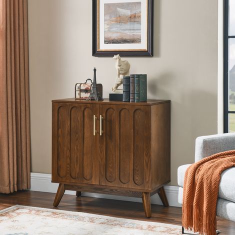 Buffet bas 80x40 cm avec portes rainurées, étagères réglables et pieds en bois massif, MDF, style mid-century, Effet noyer (1/5)
