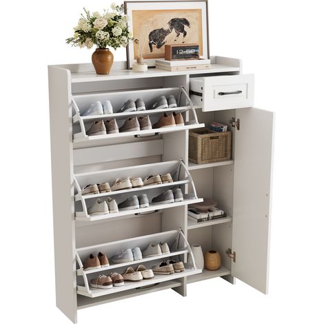 CHICFURN Scarpiera 92x24x121 cm bianca, 3 ante a ribalta, cassetto e anta, salvaspazio (1/5)
