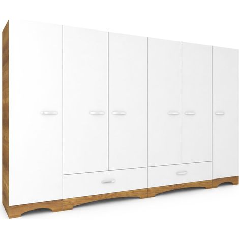 Guardaroba Grande Madruzzo, Armadio Camera da Letto 10 Ripiani, 2 Cassetti, Appendiabiti, 243x181h cm Bianco