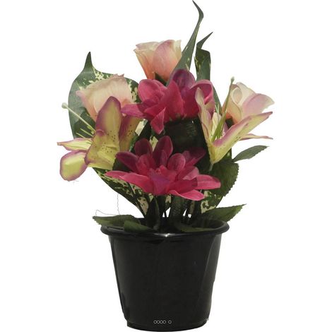 Pot pour la Tombe de Dahlias, Lys tigrés et Boutons de Rose artificiels Rose -Fuschia - couleur: Rose -Fuschia 725