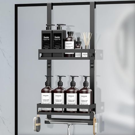 1 Étagère Douche, Suspension Sans Percage, Métal Noir, 2 Paniers Drainant, Pour Porte Verre 25mm (1/5)