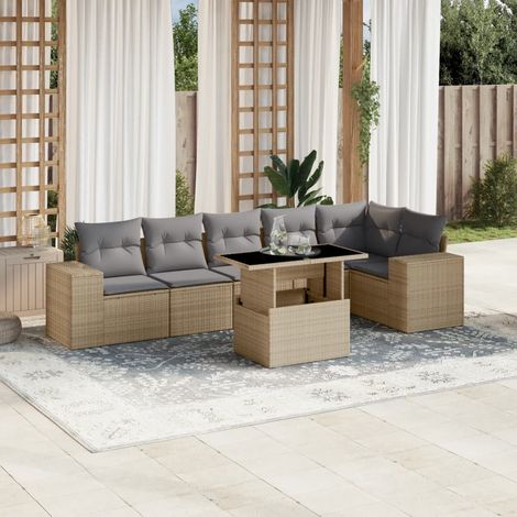 Set sofás de jardín 7 piezas y cojines ratán sintético beige vidaXL (1/5)