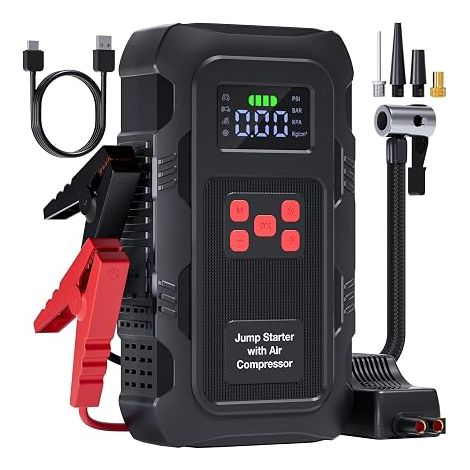 Booster de batterie de voiture avec le pneumatique de voiture 150PSI, Batterie de démarrage 12V pour 10L essence/8L diesel, Booster avec arrêt automatique, lampe LED, sortie USB (rouge) (1/5)