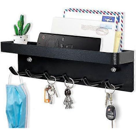 Porte-clés moderne à 6 crochets, support mural sans perçage, crochets pour clés muraux pour entrée, cuisine, bureau, salle de bain, salon (noir) (1/5)