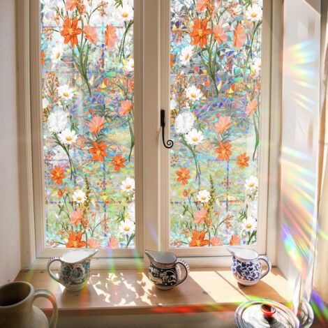 QORVA-100x43cm Film de Confidentialité pour Fenêtre Arc en Ciel à Fleurs Sauvages Autocollants pour Fenêtre Bloquant Le Soleil Vitrail Décoratif Statique Résistant aux UV Attrape Soleil (1/5)