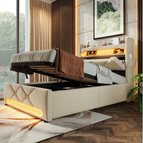 MEUBLIV Lit 90x200 cm beige – tête de lit USB, LED et rangement, avec matelas (1/5)