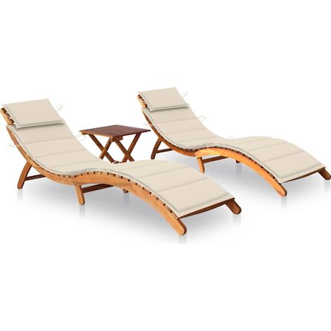 Sonnenliegen 2 Stk. mit Tisch und Auflagen Massivholz Akazie
