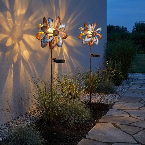 Solarleuchte Windrad Solarlampe Erdspieß Gartendeko Solar Gartenstecker gold silber, Metall, LED warmweiß, LxBxH 22x12x92 cm, 2er Set