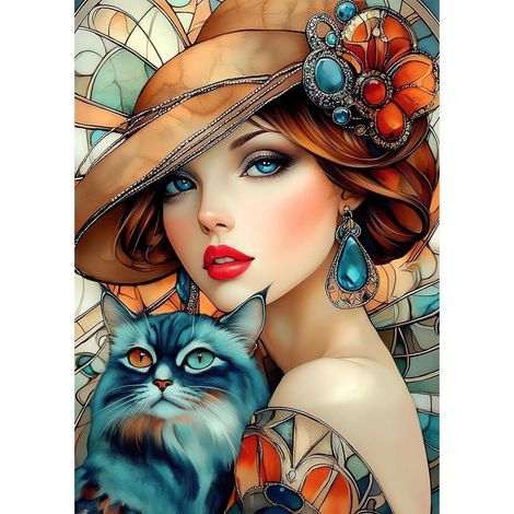 5D Diamond Painting Set Vintage Dame mit Katze, 30x40cm, Erdton (1/4)