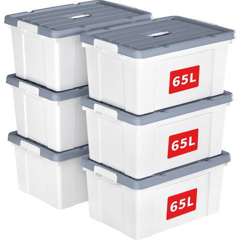 65L6 Boîte de Rangement, Bac de rangement avec Poignée, Plastique Organisateur avec Couvercle, Empilable, Transportable, pour Vêtements, Bureau, Chambre, Dortoirs, Blanc, 65L - Lot de 6 (1/5)