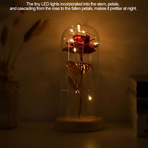 Rose éternelle illuminée par LED avec couvercle en verre et socle en bois, rouge, idéale pour la Saint-Valentin ou un mariage. (1/5)