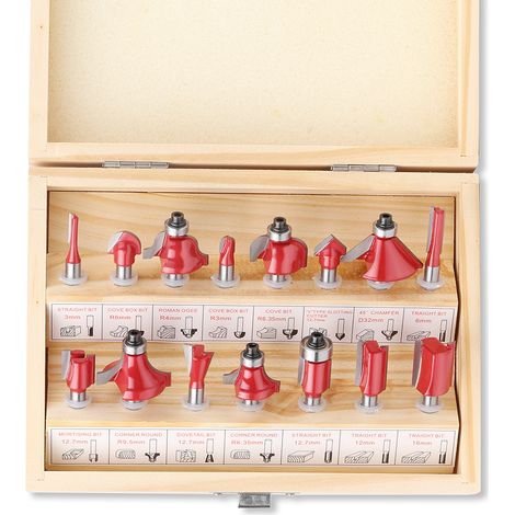 15-Piece Router Bit Set - Wooden Box Packaging - Professional Woodworking Tools - 1/4 (1/4)