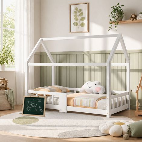 Lit cabane enfant 90x200 cm avec tableau, sommier à lattes et barrière antichute, pin massif, sans matelas - blanc (1/5)