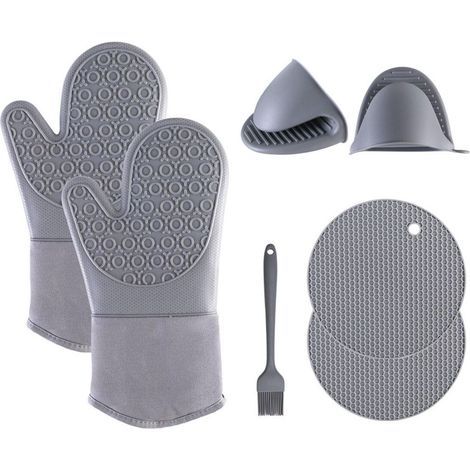 Küchenhandschuhe, Gebäckhandschuhe, Ofenhandschuhe – Silikon-Ofenhandschuhe, hitzebeständige Untersetzer, baumwollgefütterte Küchenhandschuhe, Handschuhe zum Kochen und Backen – grau