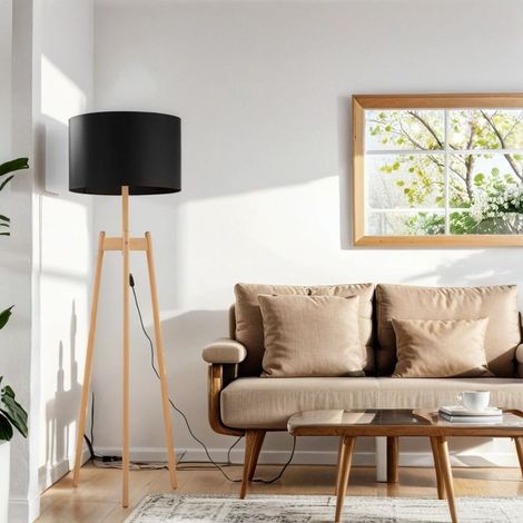 Dreibein Stehlampe Wohnzimmer 168 cm Holz Stoff E27 Stehleuchte