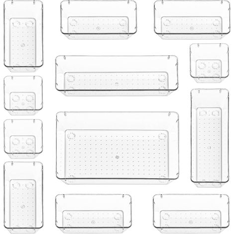Lot de 12 - Organiseur de tiroir - Bac à ustensiles - Rangement cuisine et chambre - Plastique transparent - 22,5x15x5,5 cm (1/5)