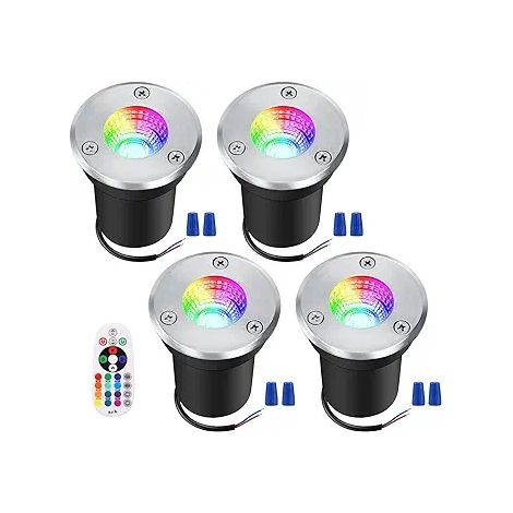 Lot de 4 spots encastrés RGB, éclairage extérieur encastré 12-24 V avec connecteur 6 W, LED basse tension étanche IP67 à changement de couleur pour éclairage paysager. (1/3)