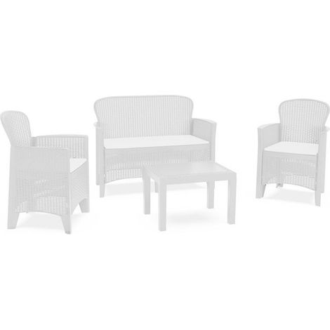 TRADE SHOP - Set Salotto Giardino Con Divano 2 Poltrone Tavolino Cuscini Effetto Rattan Bianco 156036 - (1/4)