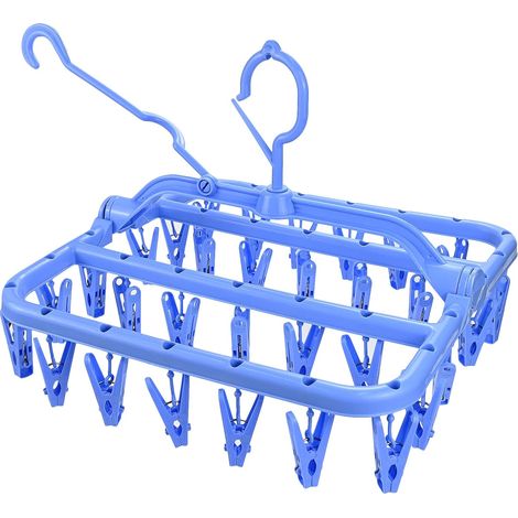 Séchoir à chaussettes pliable avec 32 pinces à linge, cintre en plastique pliable, convient pour sécher les sous-vêtements et les chaussettes (violet). (1/5)