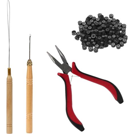 4pcs Pince à Tresser Cheveux Crochet Bois Pointe Courbée Anneaux Silicone Outils Extension Capillaire Noir (1/5)