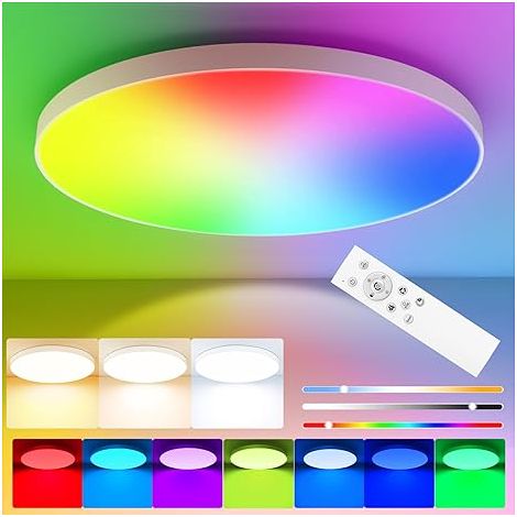 Plafonnier LED Rond 24W RGB+CCT Dimmable 2400LM 3000K-6500K Avec Télécommande Pour Salon Chambre Salle De Bain Ø28cm